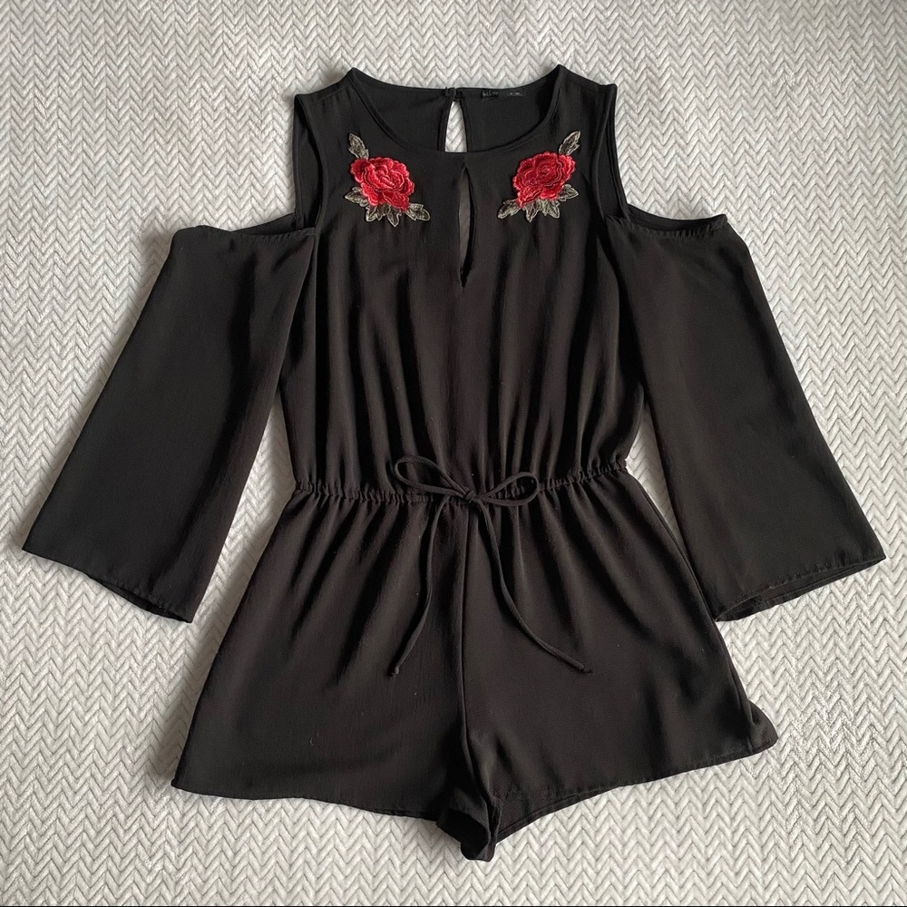 Black Cold Shoulder Romper w/ Rose Patches